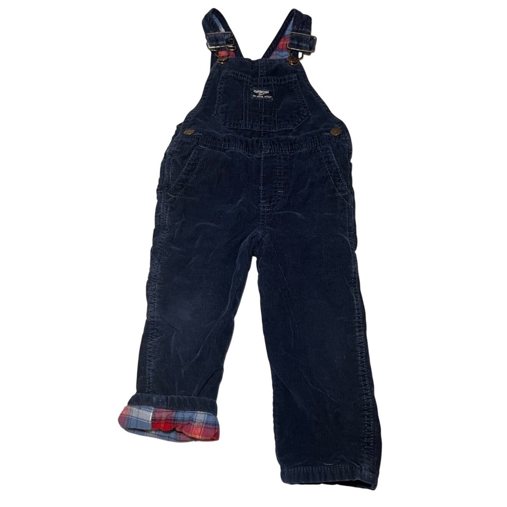 OshKosh B'Gosh Overalls Plaid Flannel Lined Navy Blue Corduroy